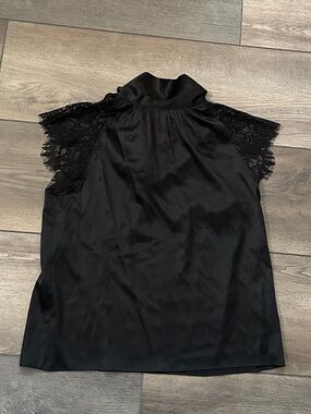 Generation Love Black Lace-Trim Mock Neck Silk Women's Top